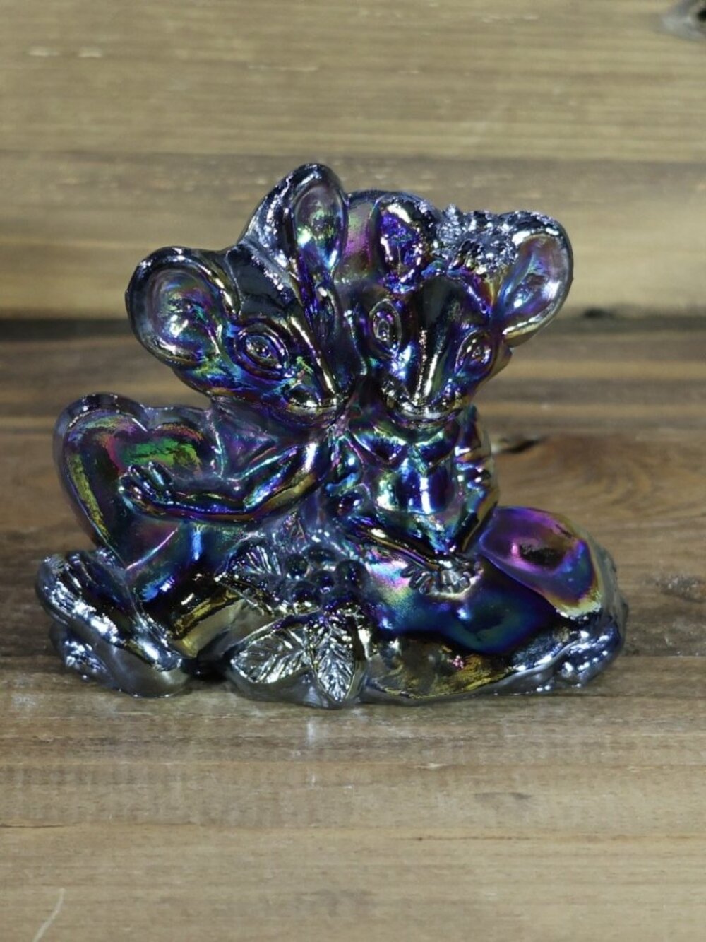 Pee gee Glass Mickey Minnie Mice in Love Purple Amethyst Carnival Paperweight